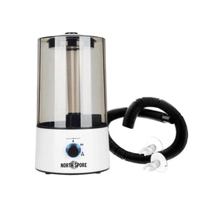 White and grey humidifier with black dial, branded North Spore, featuring a black corrugated hose and suction cups.