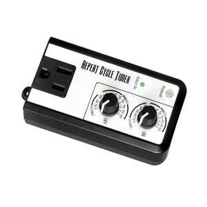 Black and white repeat cycle timer with two dials, an electrical outlet, and indicator light.