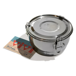 CVault 2 Liter stainless steel container, closed, with a 1 lb Vivi Fresh 62% humidity pack