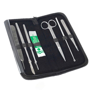 Stainless steel mushroom cultivation tools in a black zippered case, including scalpel, scissors, and probes.
