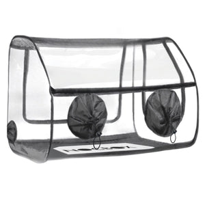 Clear plastic insect breeding cage with black trim and two circular fabric access ports with drawstrings.