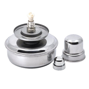 Stainless steel alcohol burner with wick, cap, and snuffer on a white background.
