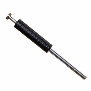 A silver metal rod with a ribbed black cylindrical handle on a white background.