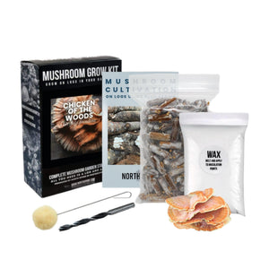 Chicken of the Woods mushroom grow kit components: box, manual, plug spawn bag, wax, drill bit, dauber, and sample.