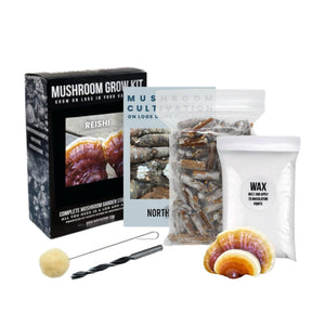 Reishi mushroom log grow kit including box, instructions, plug spawn, wax, drill bit, and dauber.