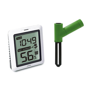 Ecowitt soil moisture meter with a white digital display unit and a green, T-shaped sensor probe for monitoring plants.