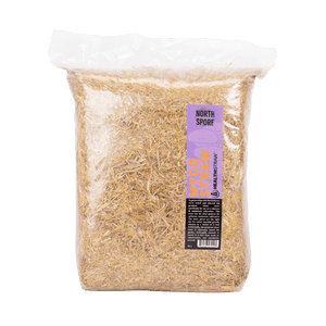 A clear plastic bag filled with tan-colored wheat straw featuring a purple and black North Spore label.