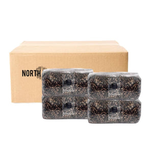 Four ShroomTek mushroom grow bags with substrate in a cardboard shipping box.