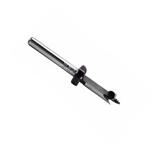 Silver metal drill bit with a threaded tip and collar on a white background.