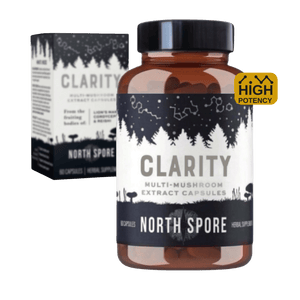 Amber capsule bottle and box of North Spore Clarity multi-mushroom extract.