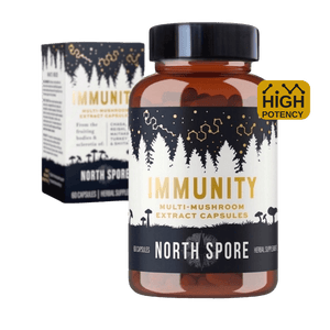Amber bottle and box of North Spore Immunity Multi-Mushroom Extract Capsules with forest label art.