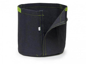 Black fabric grow pot with green stitching and a vertical velcro side seam, shown from a front-quarter angle.