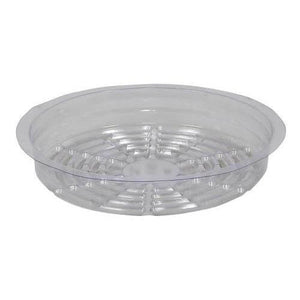 Clear, round plastic plant saucer with a ribbed interior design, viewed from a high angle against a white background.