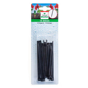Retail package containing ten black plastic watering system stakes for plants on a blue, water-themed backing card.