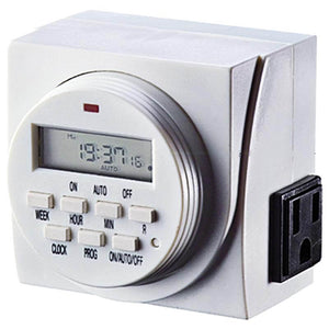 White digital plug-in timer with an LCD display, control buttons, and a grounded side outlet on a white background.