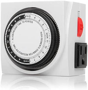 White analog wall timer with a 24-hour black dial, side-mounted red manual override switch, and a three-prong outlet.