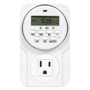 White digital plug-in outlet timer with an LCD display screen and manual control buttons.