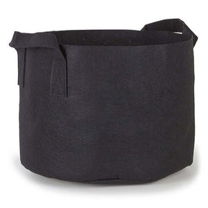 Empty black fabric aeration plant pot with sturdy side handles, viewed from a slight side angle against white background.