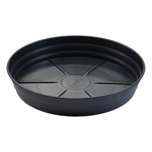 Black plastic plant saucer with a circular base, raised interior ridges, and angled, wide-rimmed walls.