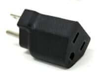Black 3-prong wall outlet adapter with a compact, angled design on a white background.