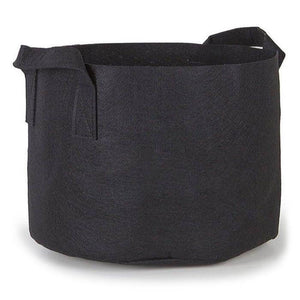 Black, circular fabric plant pot with reinforced stitched side handles, isolated on a white background.