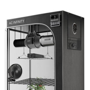 AC Infinity grow tent with digital controller, hanging fan, LED light, duct fan, and carbon filter.