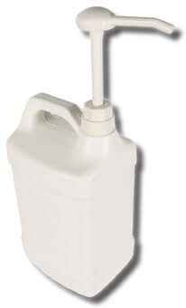 White plastic jug with a sturdy handle and an attached dispensing pump for easy liquid measurement and pouring.