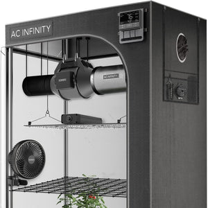 AC Infinity grow tent with duct fan, carbon filter, LED light, circulation fan, and digital controller display.