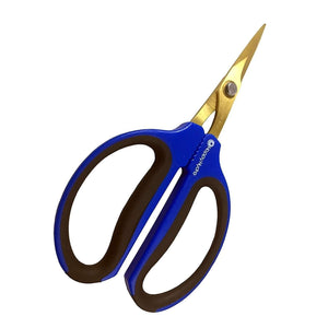 Gold stainless steel garden snips with blue and black ergonomic handles, featuring the Happy Hydro logo.