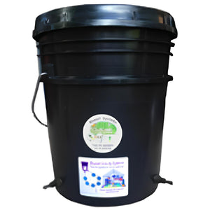 Black hydroponic bucket system with lid, circular brand logo, and a square information label on a white background.
