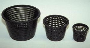 Three black plastic hydroponic net pots of varying sizes arranged side-by-side on a light background.