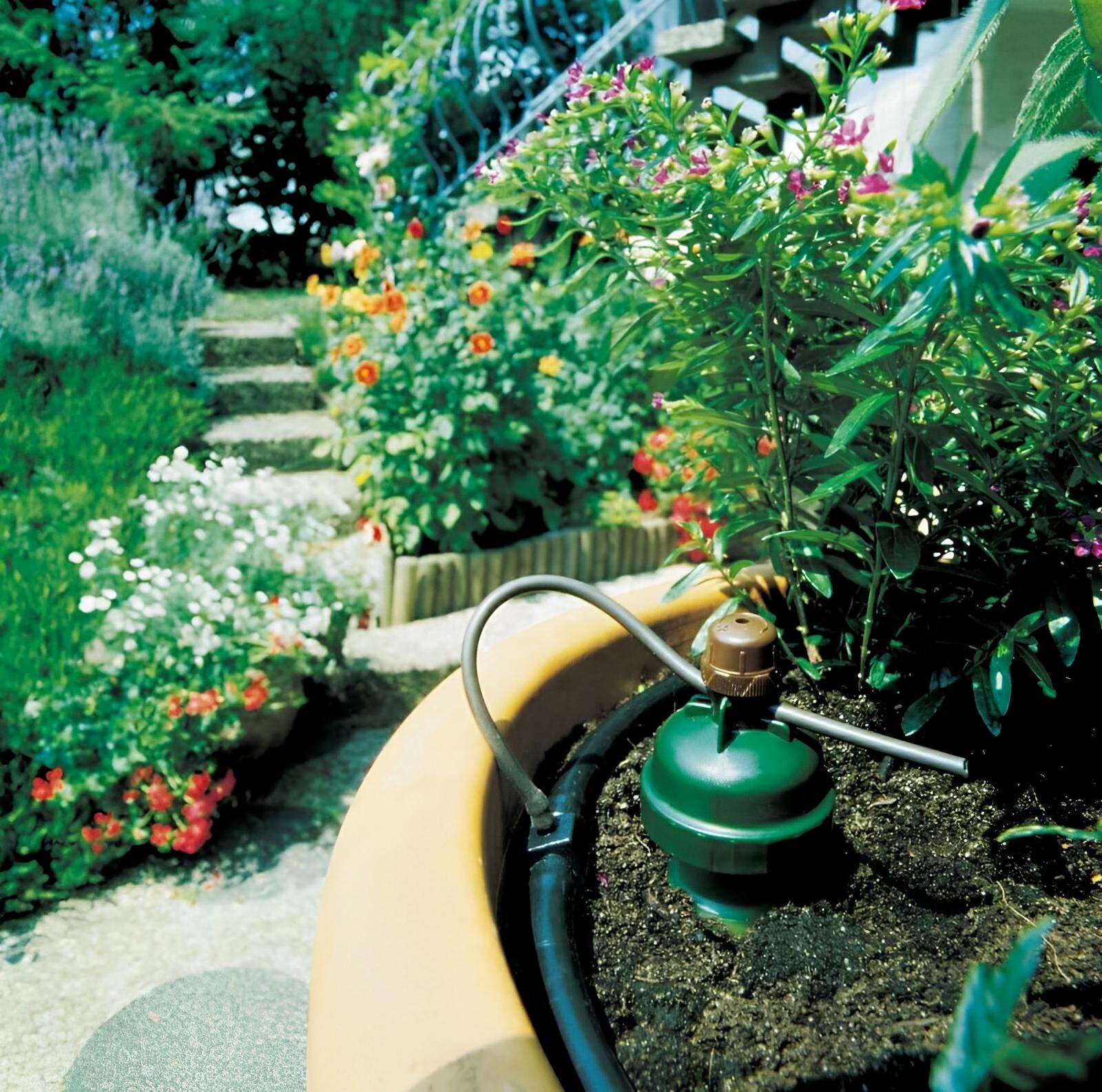 Green irrigation dripper inserted into soil in a terracotta pot with a thin tube, set against a garden background.