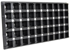 Black plastic seed starting tray with 50 square cells and drainage holes, shown at an angle on a white background.