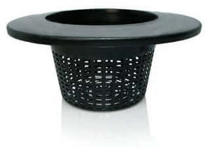 Black plastic hydroponic net pot with a wide rim and mesh sides for plant root aeration.