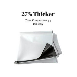 Stack of white and black panda plastic sheeting with text overlay reading 27% Thicker Than Competitors 5.5 Mil Poly.