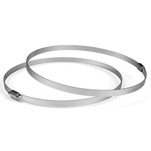 Two silver-colored stainless steel worm gear duct clamps for secure air vent attachments.