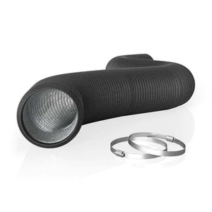 Flexible black ventilation ducting with a silver interior lining, displayed with two metal hose clamps.