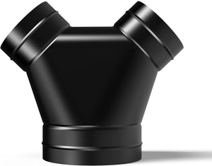 Black Y-shaped ventilation duct splitter with one inlet and two angled outlets, set against a white background.