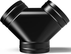 Black Y-shaped ventilation duct splitter with three circular connection ports, isolated against a white background.