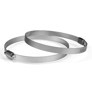 Two overlapping silver stainless steel duct clamps with metal worm gear adjustment mechanisms on a white background.