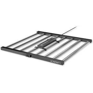 Black AC Infinity LED grow light bar fixture with six bars, central driver, and integrated digital display.