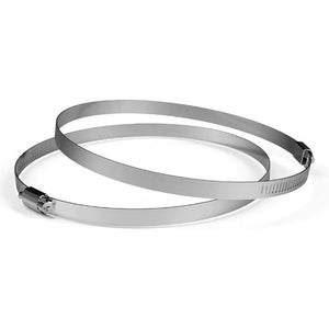 Two stainless steel worm gear hose clamps positioned at an angle, showing the metal bands and tightening mechanisms.