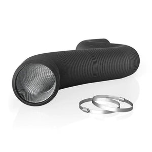 Flexible black insulated ventilation ducting with a reflective interior, accompanied by two metal hose clamps.