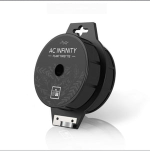 Black, circular spool of AC Infinity plant twist tie with a built-in metal cutter on a white background.