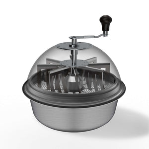 Manual leaf trimmer with a clear plastic dome, metal bowl, internal cutting blades, and a black hand crank.