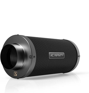 AC Infinity 4-inch carbon air filter with a black cylindrical mesh design for odor control in grow tents.