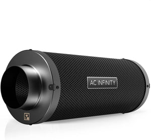 AC Infinity 6-inch black cylindrical carbon air filter with a mesh exterior for odor control and air purification.