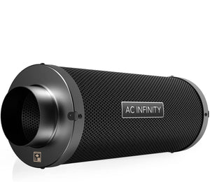 AC Infinity 8-inch carbon air filter in black with a cylindrical mesh design for odor control in grow tents.