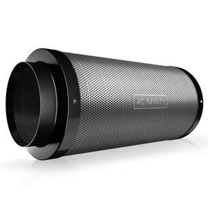 AC Infinity carbon filter with silver mesh body and black flanges on a white background.