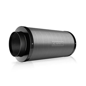 Cylindrical AC Infinity carbon filter with silver mesh housing and black circular end caps on a white background.